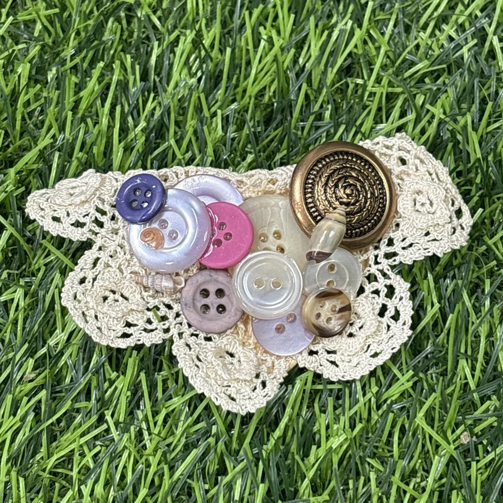 Handmade Vintage Button Brooch Lot Doily Lace Grandmacore Cottagecore 9 Pc